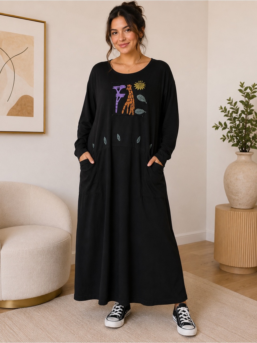 Blue Cactus Black Giraffe Patch Maxi Dress XL Boho Artsy Pocket Dress